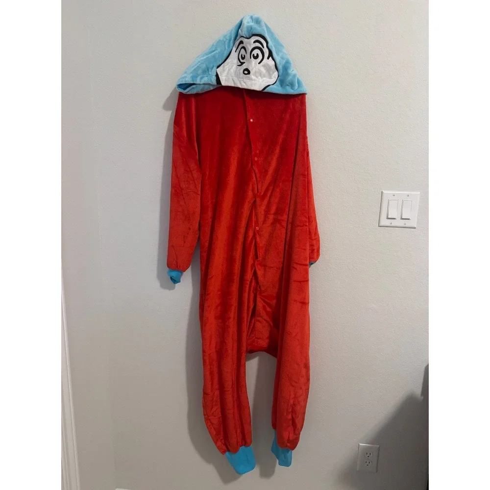 Dr Seuss Thing 1 & 2 Plush Union Suit Red Blue Character Hood Pajamas L/XL-0629